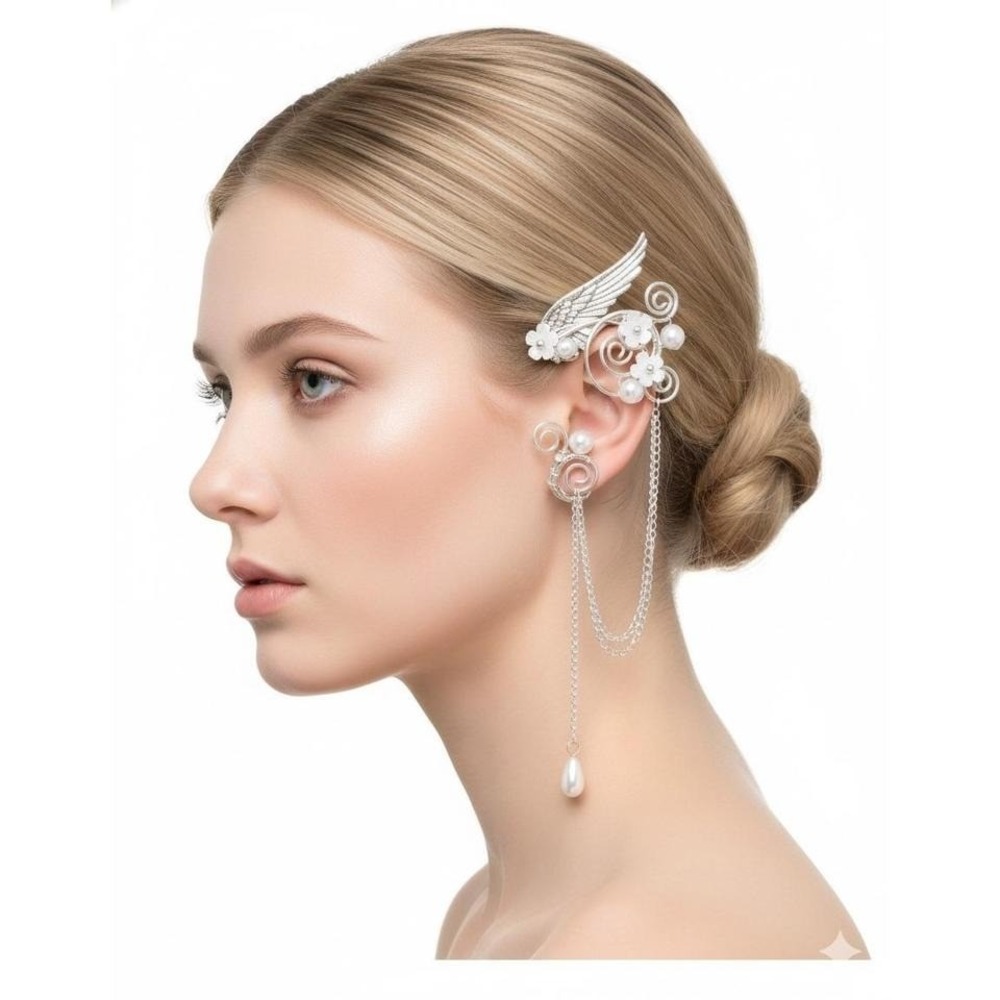 Dangle Fairycore Wings Pearl‎ Flower Chain Earring Earcuff Cosplay Statement